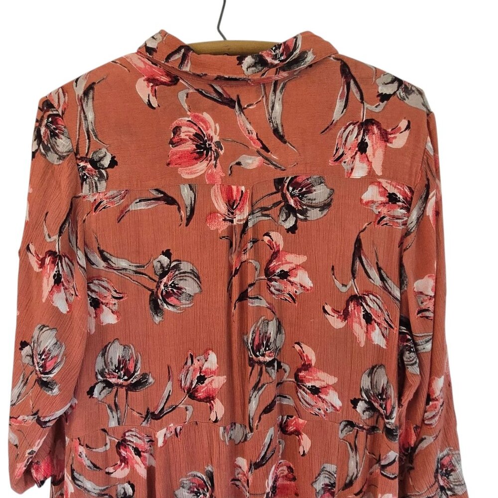 Woman Within Dark Peach Floral Print Dress 22W Roll Tab Sleeves Button Front - Picture 9 of 14